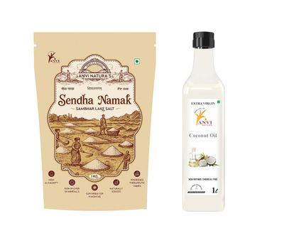 ANVI NATURAS Premium Sendha Namak (1kg) + 100% Pure Cold-Pressed Coconut Oil (1L) | Natural Rock Salt & Edible Coconut Oil Combo | Cooking, Skin & Hair Care
