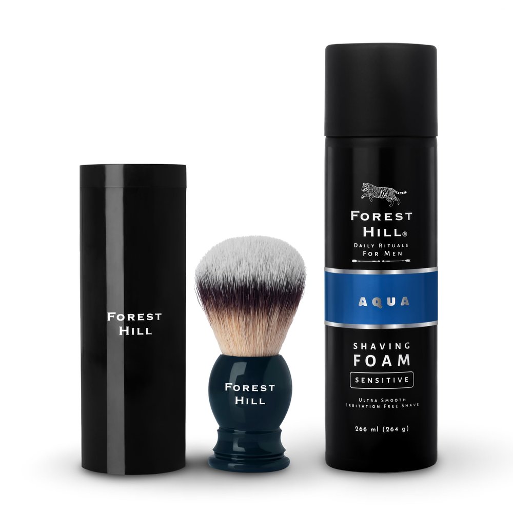 Forest Hill Set of 2 Men Grooming Shaving Combo, Super Soft Bristles Ashford Shaving Brush Blue & Shaving Foam 266ml, Goodness of Olive & Argan Oil, Mulberry, Rosemary & Peppermint Extract, Rich Lather, Cooling Hydrating Formula
