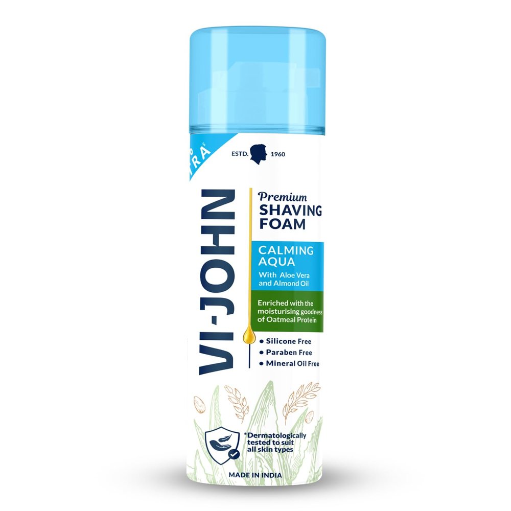 VI-JOHN Dermatologically Tested Calming Aqua Premium Shaving Foam Enriched With Aloevera & Almond Oil Free From Paraben-200 g