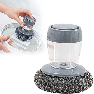 Krivyah ENTERPRISE Dish Scrubber Cleaning Brush Matel Scouring Pad Pot Scrubber with Liquid soap Dispenser. Cleaning Brush Push Button Kitchen Cleaning Tool Household Cleaning Palm Brush (4)