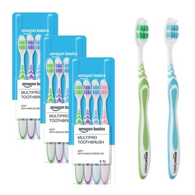 Amazon Basics MultiPro ZigZag Toothbrush for Adults, Multicolour | 12-Count (4 3 Packs) | Soft Bristles for Deep Cleaning, Plaque Removal & Gentle Gum Care