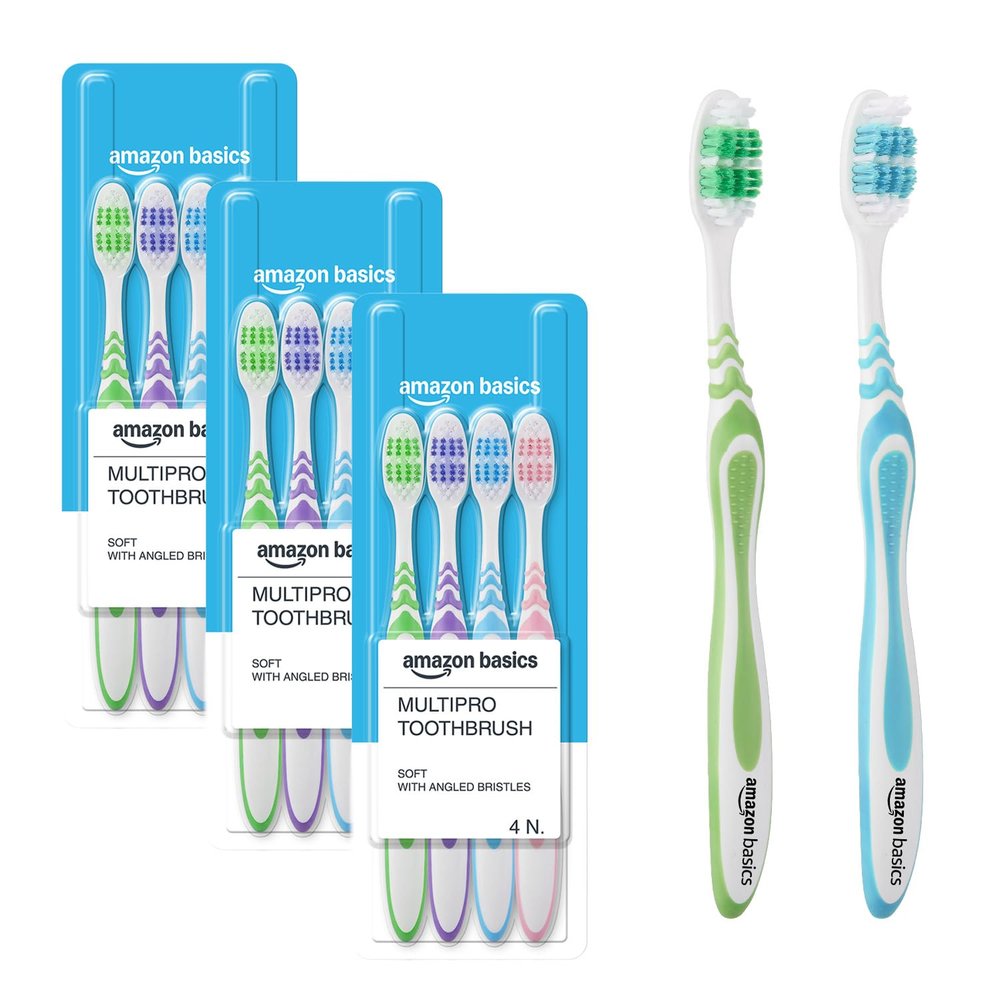 Amazon Basics MultiPro ZigZag Toothbrush for Adults, Multicolour | 12-Count (4 3 Packs) | Soft Bristles for Deep Cleaning, Plaque Removal & Gentle Gum Care