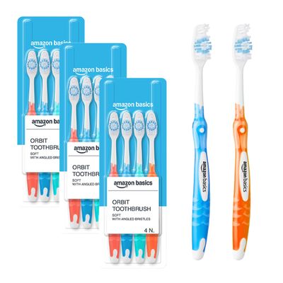 Amazon Basics Orbit Toothbrush for Adults, Multicolour | 12-Count (4 3 Packs) | Soft Polished Bristles for Cavity Protection, Deep Cleaning & Gentle Gum Care | Made in India