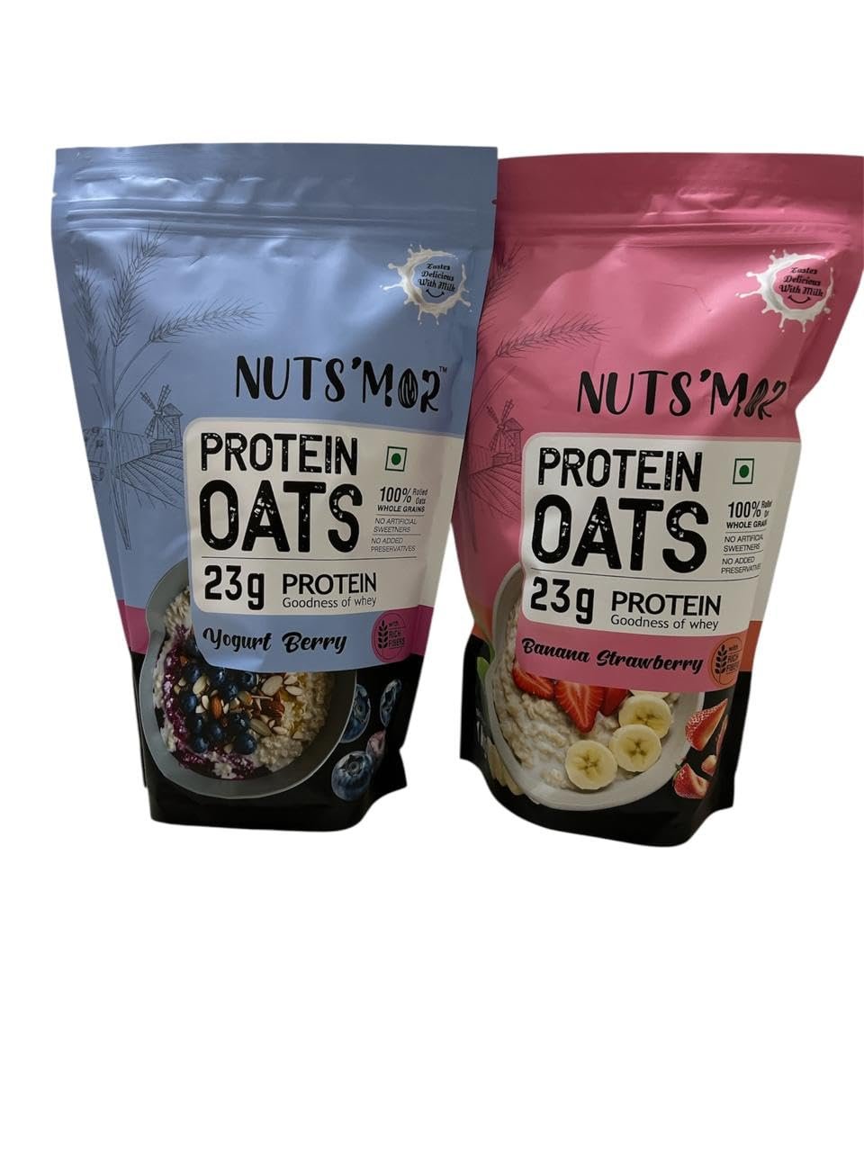 Nuts'mor Protein Oats with Whey, Yogurt Berry and Banana Strawberry Flavors, 23g Protein, 100% Whole Grain, No Preservatives