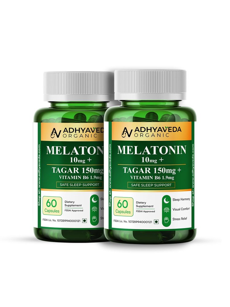 Adhyaveda Organic Melatonin 10mg + Tagar 150mg + Vitamin B6 | Sleep Support Supplement | 60 Veg Capsules, Pack of 2 | Stress Relief, Better Sleep & Relaxation