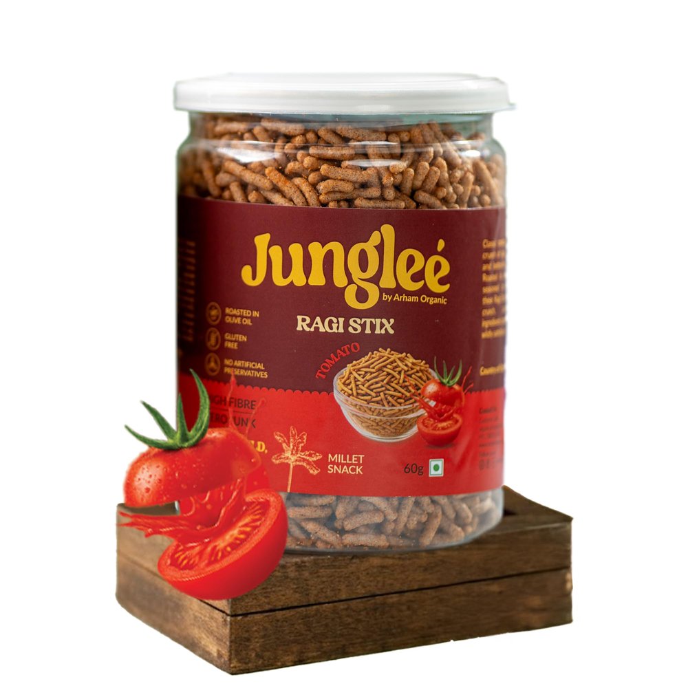 Arham Organic Jungle Ragi Stix  Tomato Flavor, 60g | Crunchy Millet Snack | High in Protein & Fibre | Rich in Calcium | No Artificial Preservatives | Healthy & Nutritious Snack (Pack of 1)