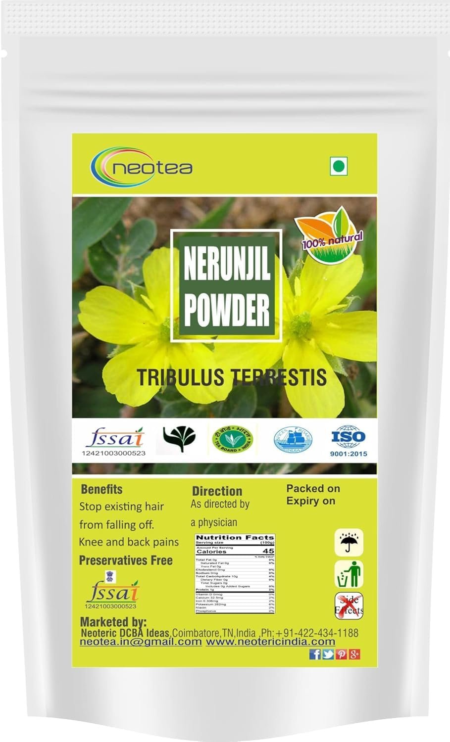 Neotea Gokhru Powder | Gokshura Tribulus Terrestris Palleru Nerunjil Powder | Natural Strength & Stamina Booster | 100% Pure & Natural | Non-GMO | No Added Preservatives or Additives (200 GM)