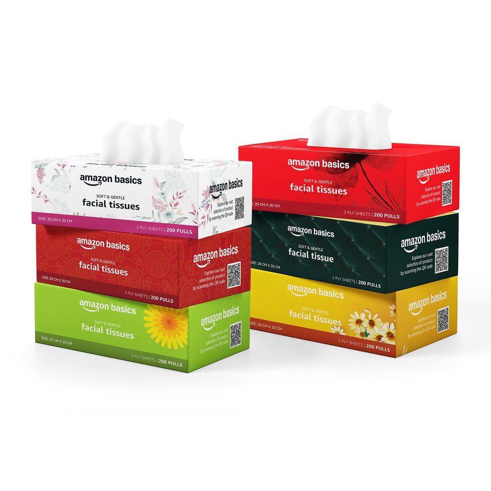 Amazon Basics 2 Ply Facial Tissue Box | 1200 Pulls | 200 Pulls X Pack of 6 | Home | Soft & Highly Absorbent Tissues