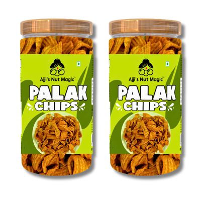 Ajji's Nut Magic Palak Chips 300g (Pack of 2- Each 150g) | Healthy Vegan Snack | Gluten-Free, Low-Calorie | Light & Crispy Chips | high protein | Natural ingredients | No Artificial Colors and Preservatives | Perfect Snacking for Kids & Adults | Trav