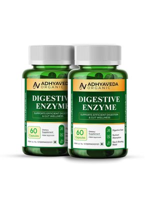 Adhyaveda Digestive Enzyme Capsules with Papain, Bromelain, Amylase, Protease, Lactase & Cellulase | Gut Health, Bloating & Indigestion Relief | 60 Veg Capsules - Pack of 2 | NonGMO, Vegan, FSSAI Approved