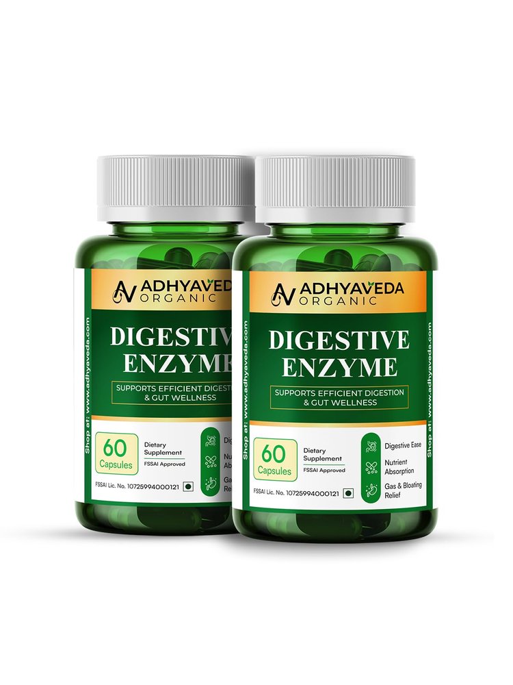 Adhyaveda Digestive Enzyme Capsules with Papain, Bromelain, Amylase, Protease, Lactase & Cellulase | Gut Health, Bloating & Indigestion Relief | 60 Veg Capsules - Pack of 2 | NonGMO, Vegan, FSSAI Approved