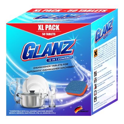 50 Tabs Glanz 12-in-1 Compact Dishwasher Tablets Imported from Germany | 18g Tabs | Glass & Vessel Protection | Sparkling Clean, Extra Dry | Works in Hard Water (50, Compact 12-in-1)