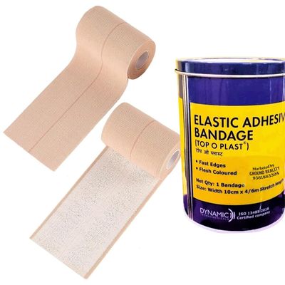 1 Pack Top O Plast Elastic Adhesive Bandage B.P Stretchable Roll for Wound Dressing First Aid Wrap Pain Relief Hand Legs Ankle Knee Foot Medical Elastic Adhesive Crepe Bandage Size 10cm x 4/6 m