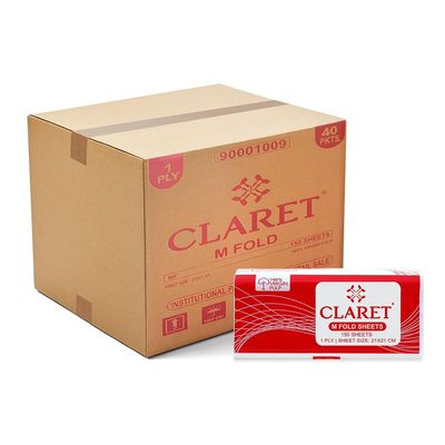 Claret Multi-Fold Paper Tissue | 1 Ply | 150 Sheets | 21x21 cm | Red Pack | Soft, Absorbent & Durable | OBA-Free | 100% Virgin Pulp | Ideal for Dispensers & Daily Cleaning (Pack Of 40)