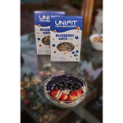 UNIFIT Instant Delicious Blueberry Oats Healthy Breakfast With Goodness of Rolled Oats Nuts, Seeds & Blueberry| High Fiber Oats| Wholegrain | Pack of 2 x 250gm
