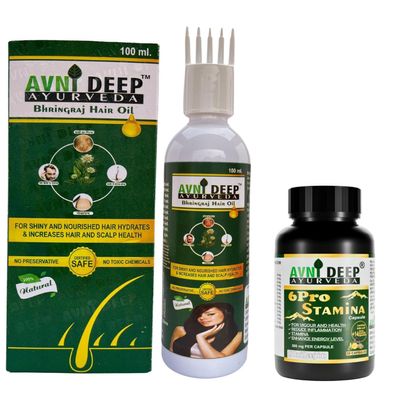 AVNIDEEP AYURVEDA Ayurvedic Wellness Combo Shilajit Ashwagandha Capsules for Stamina with Bhringraj Oil for Strong and Healthy Hair