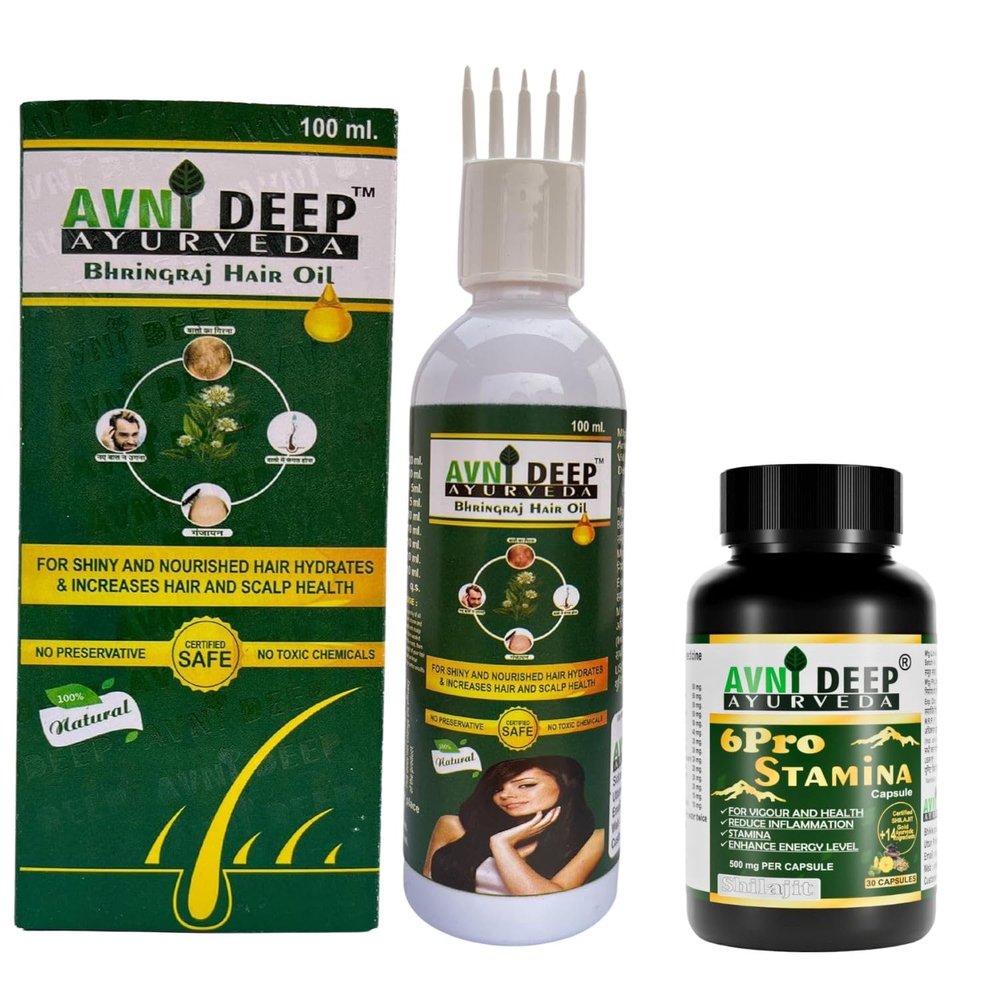 AVNIDEEP AYURVEDA Ayurvedic Wellness Combo Shilajit Ashwagandha Capsules for Stamina with Bhringraj Oil for Strong and Healthy Hair