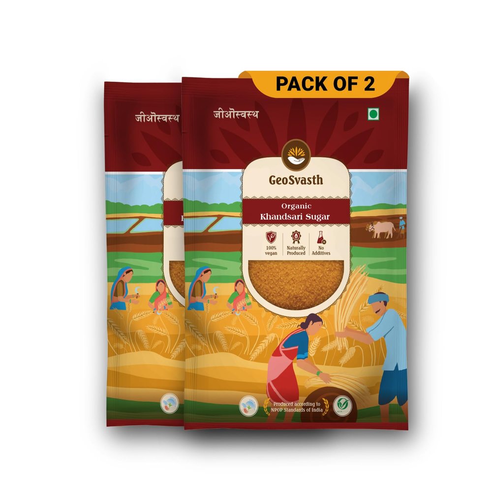 Geosvasth Organic Khandsari Sugar| Unrefined & Unprocessed Desi Khand | Sulphur Free, Chemical Free Khaand | Healthy Natural Sweetener for Cooking & Baking | Refined Sugar Alternative |1 Kg(Pack of 2)