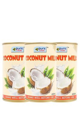 Pure Thai Coconut Milk 400ml  Pack of 3 | Thick & Creamy | 79% Fat | Dairy-Free & Vegan | Ideal for Curries, Desserts, Smoothies, Coffee & Baking