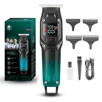 Beard trimmer and hair clipper for men with LED display, stainless steel self sharpening blades, turbo powered motor, adjustable length combs, USB fast charging
