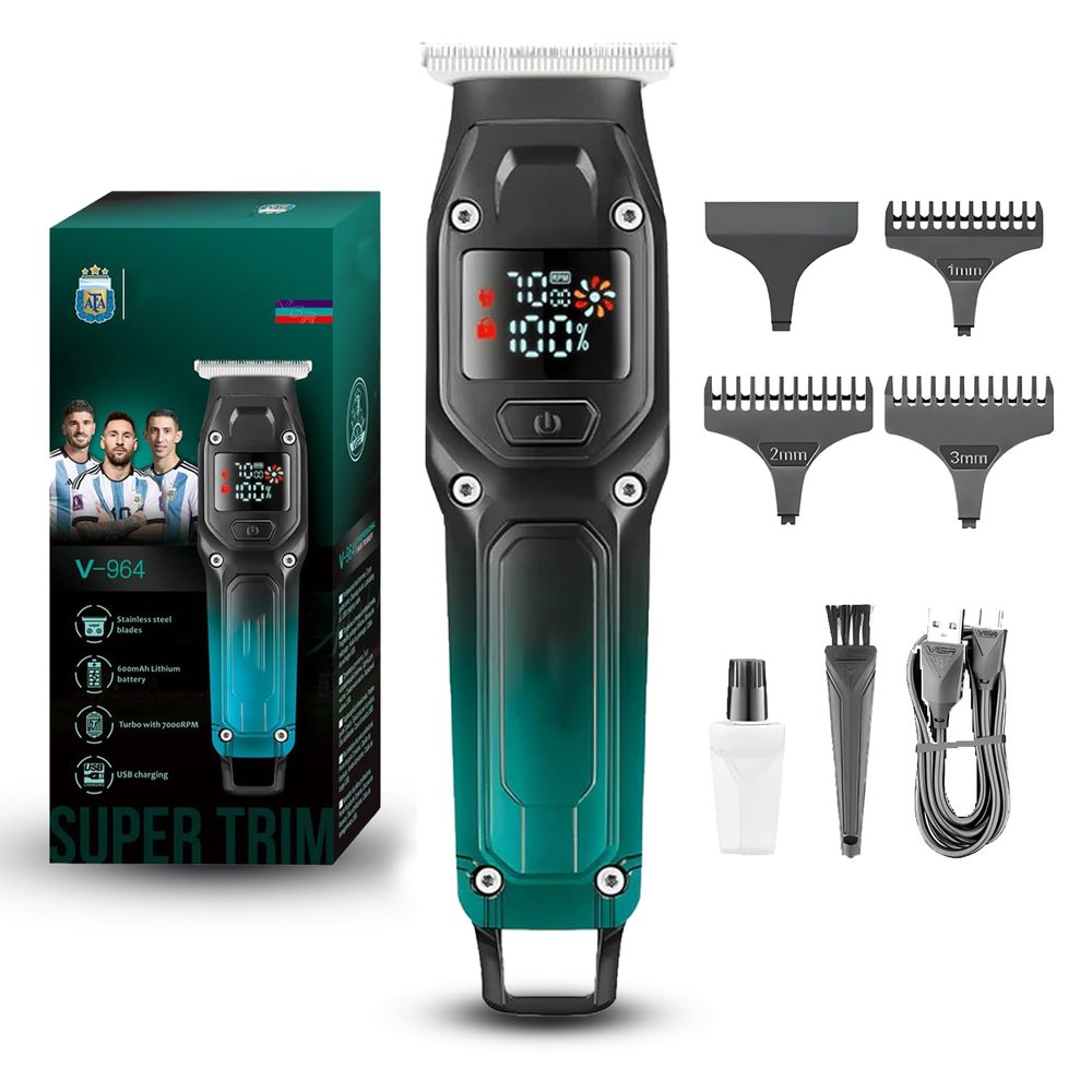 Beard trimmer and hair clipper for men with LED display, stainless steel self sharpening blades, turbo powered motor, adjustable length combs, USB fast charging