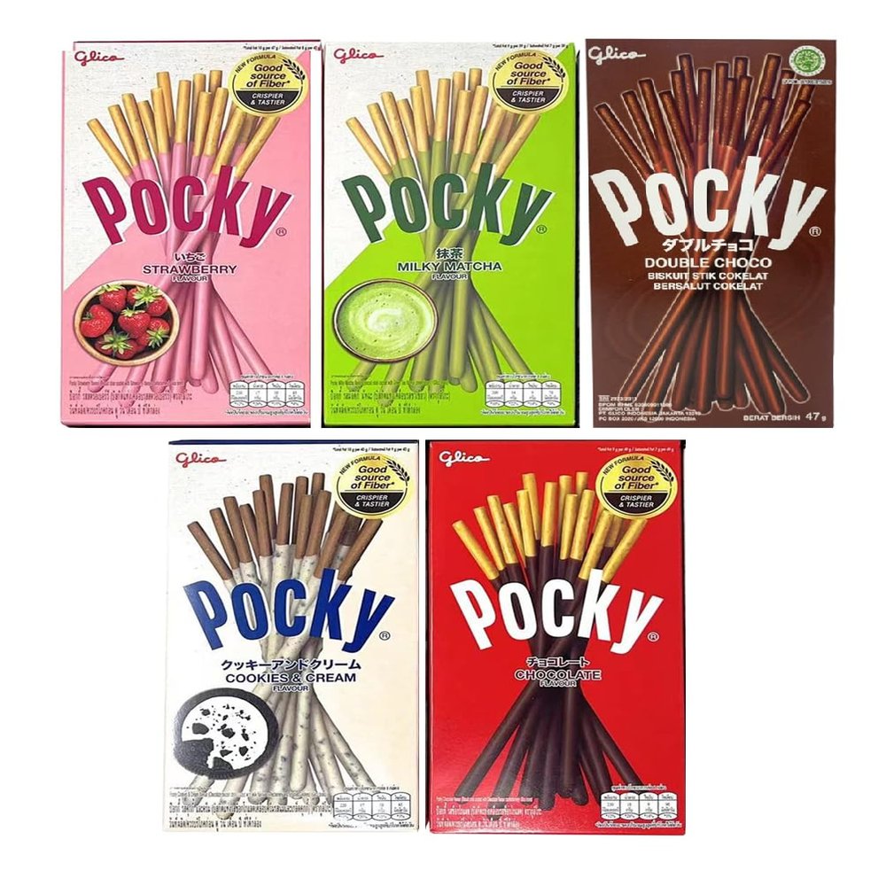 Glicos Pocky Biscuit Sticks Combo Pack 5 Flavours (Strawberry, Milky Matcha, Double Choco, Cookies & Cream, Chocolate) 47 g Each (Imported)