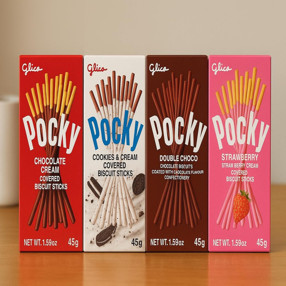Glicos Pocky Variety Pack, Chocolate Cream, Cookies & Cream, Double Choco, Strawberry Cream Biscuit Sticks, 45g Each, Pack of 4 (From Japan)