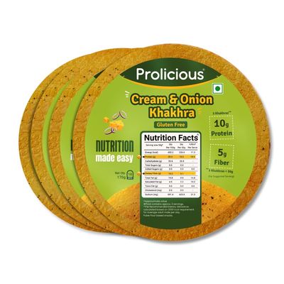 Prolicious Cream & Onion Khakhra  Crispy Roasted Indian Snack, 10g Natural Protein, No Palm Oil, Healthy & Flavorful Treat | Gluten Free Snacking (Pack of 4, 170g)