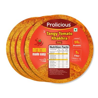 Prolicious Tangy Tomato Khakhra, Roasted Indian Snack, 10g Natural Protein, No Palm Oil, Healthy & Flavorful Treat | Gluten Free Snacking (Pack of 4, 170g)