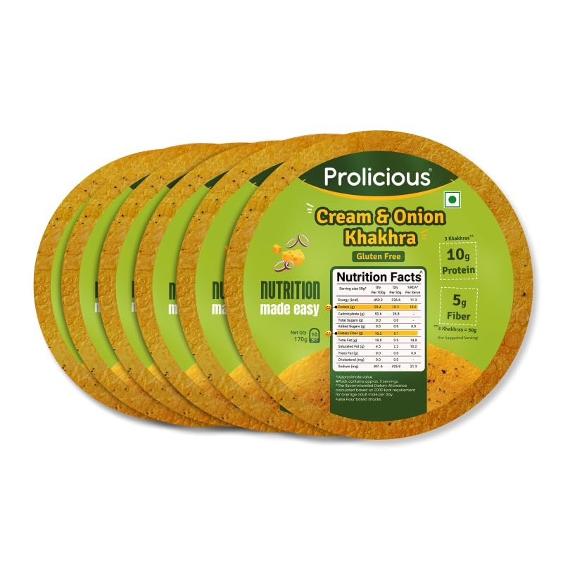 Prolicious Cream & Onion Khakhra, 10g Natural Protein, No Palm Oil, Healthy & Flavorful Treat | Crispy Gluten Free Snacking (Pack of 6, 170g)