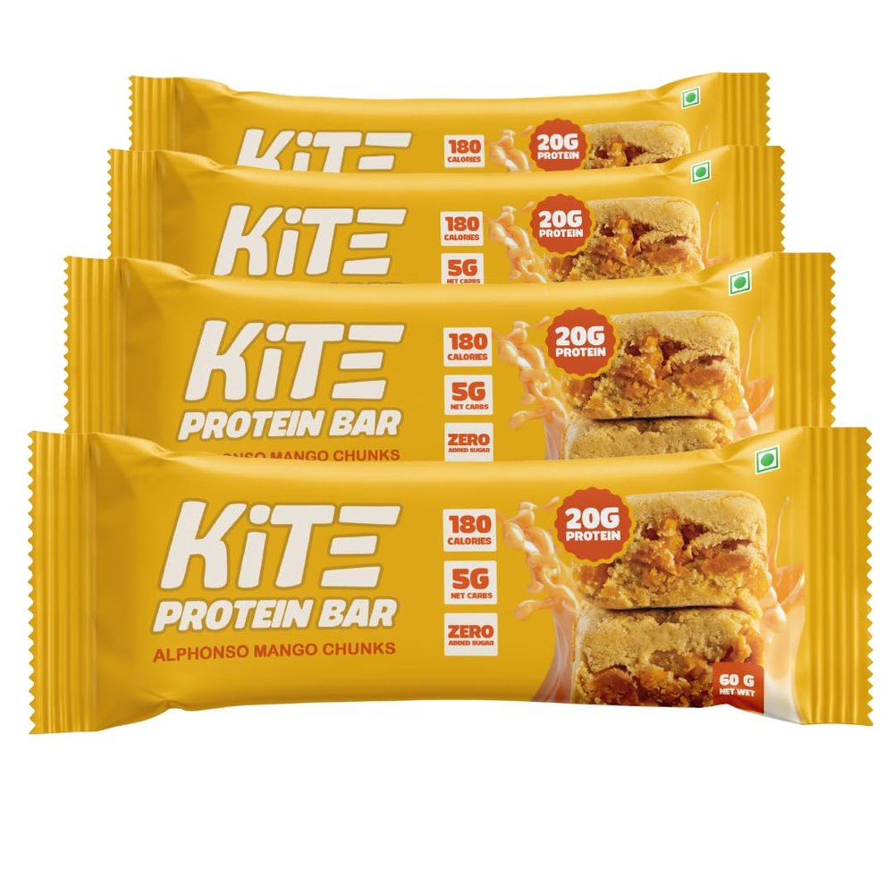 KiTE Nutrition Alphonso Mango Protein Bars | 20g Protein, 170 Calories, 4g Net Carbs, No Added Sugar| Pack of 4