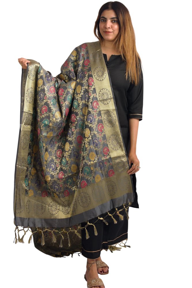 28Rajya Banarasi Silk Blend Dupatta, Multicolour Floral Pattern with Zari Border, Tassel Detailing, Ethnic Style (Grey, Banarasi2)