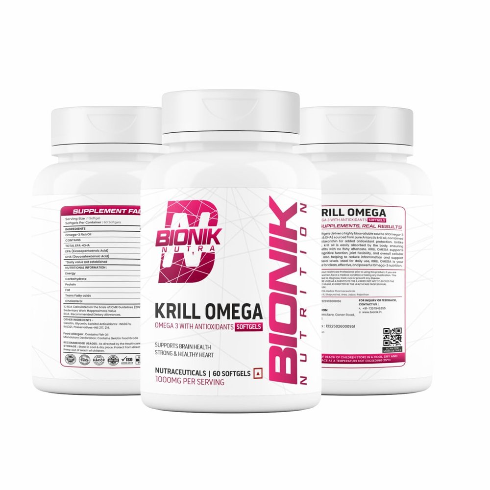 BIONIK Krill Omega Softgels 1000mg | High-Strength Omega-3 EPA & DHA | Brain, Heart & Anti-Inflammatory Support | 60 Softgels Each | Pack of 2