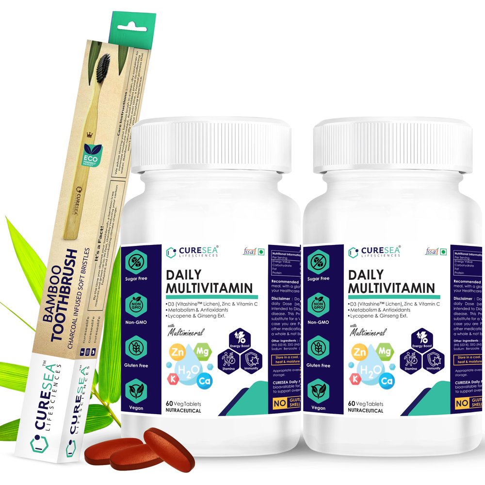 CURESEA Lifesciences Vegan Daily Multivitamin with Vitamin B12, C, D3, K2, E Lycopene, Ginseng and Multimineral + Bamboo Toothbrush | For Men and Women | 120 Veg Tablets (Pack of 2)