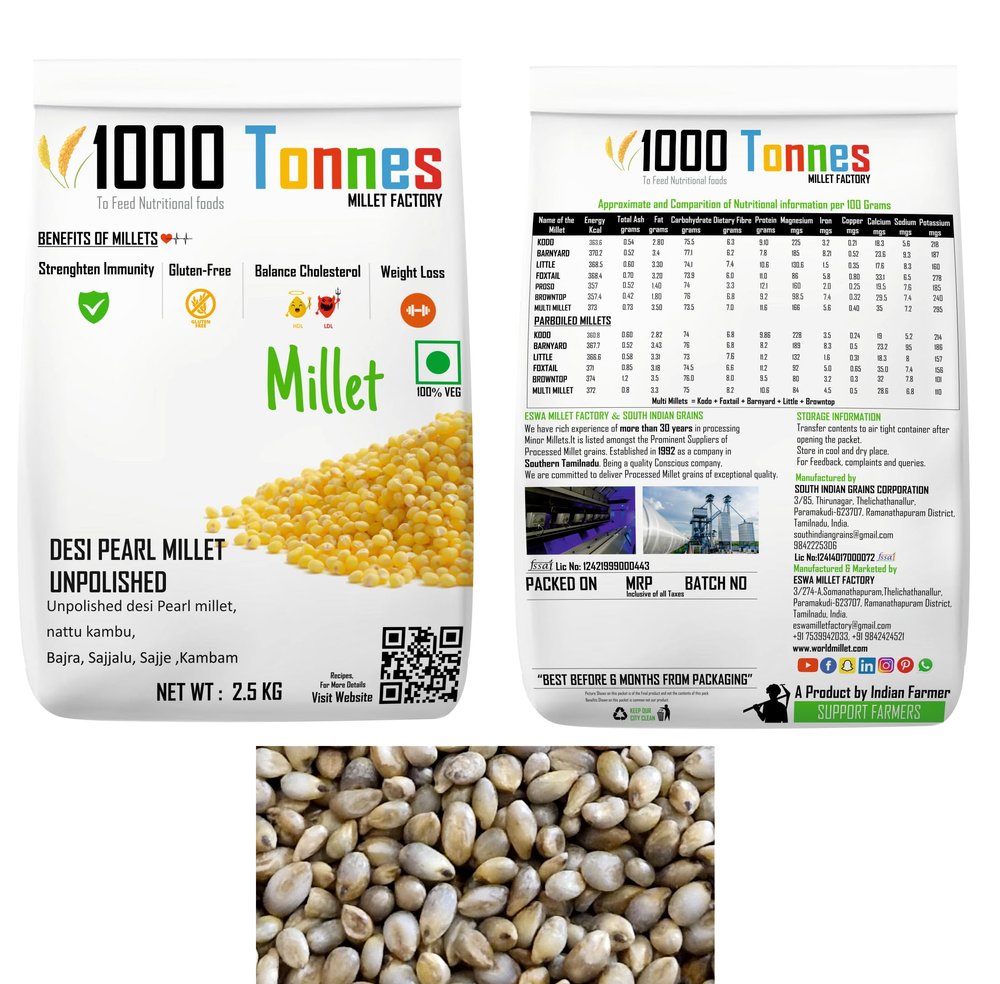 2.5 Kg Unpolished desi Pearl millet ( EXPORT QUALITY ) DESI PEARL MILLET ,   (Desi Kambu), Desi ,  (desi Kampu),  ( desi Bajra),  (desi Sajjalu),  ( desi Sajje)| millets | millet keeps body healthy - 1000 Tonnes