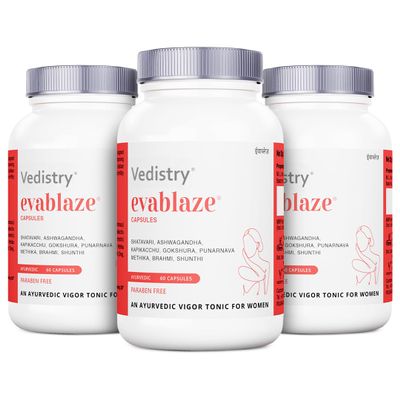 Vedistry Evablaze Capsules | Womens Vitality & Desire Booster | Ayurvedic Capsule for Female Mood Enhancer, Energy, Hormonal Balance & Reproductive Health | With Kapikachhu, Ashwagandha, Brahmi, Gokshura & Methika 60 Capsules (Pack of 3)