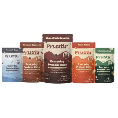 Prustlr Everyday Protein Oats 60gm Each Pack of 5 | 24g Protein | Mix Assorted Flavours - Tiramisu Espresso, Matcha Hazelnut, Coconut Cloud, Kesar Kreme, ChocoRush Brownie | Breakfast Oat