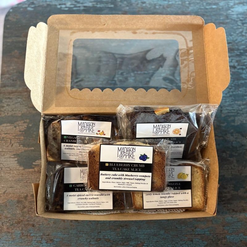 Madison & Pike Gourmet Assorted Tea Cake Slices | 5 Flavors | Blueberry, Lemon, Banana Walnut, Chocolate Orange & Carrot Walnut | Perfect with tea & cofee
