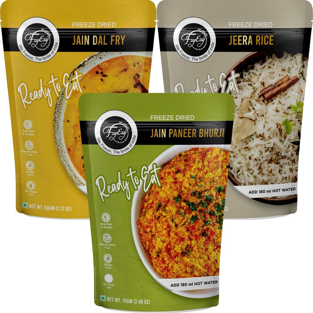 Freeze-Dried Jain Dal Fry, Jain Paneer Bhurji & Jeera Rice Combo | Ready-to-Eat Instant Vegetarian Meal | No Onion No Garlic | Preservative-Free, Gluten-Free, Travel-Friendly | Add Hot Water & Serve