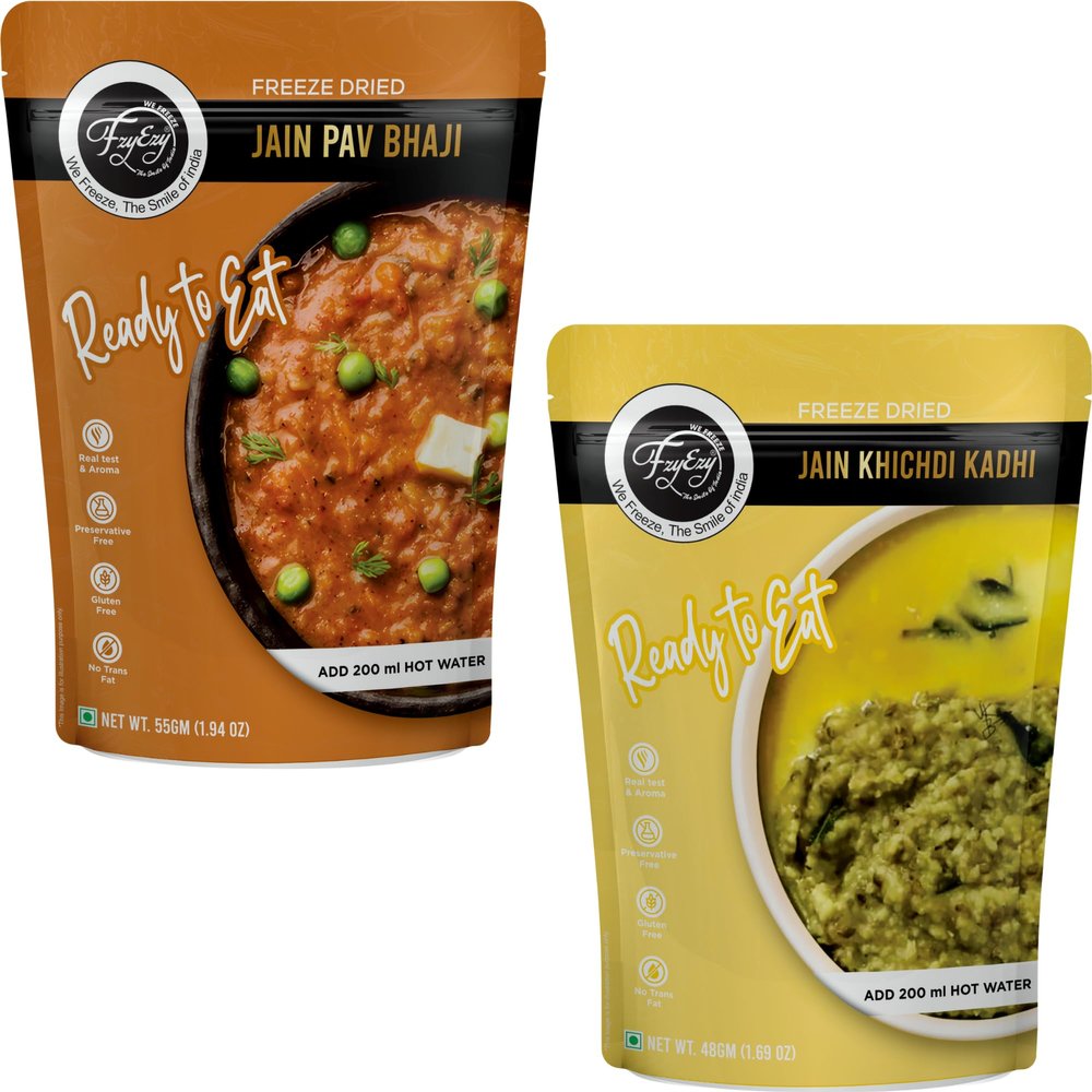 Freeze-Dried Jain Pav Bhaji & Jain Khichdi Kadhi Combo | Ready-to-Eat Instant Indian Meals | 100% Natural, Preservative-Free, Gluten-Free, Vegan-Friendly | Add Hot Water & Serve | Travel & Camping Food