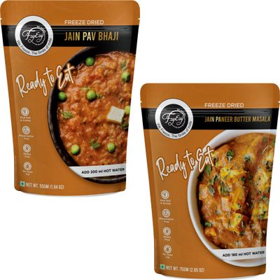 Freeze-Dried Jain Pav Bhaji & Jain Paneer Butter Masala Combo | No Onion No Garlic | Ready-to-Eat Instant Indian Meals | Preservative-Free, Gluten-Free, Travel-Friendly Pack | Add Hot Water & Serve