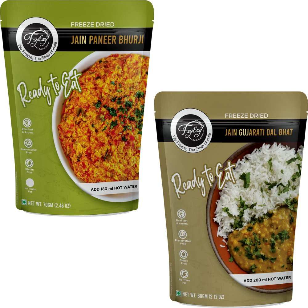Jain Paneer Bhurji & Gujarati Dal Bhat Combo | Freeze-Dried No Onion No Garlic Ready-to-Eat Indian Meals | Vegetarian, Preservative-Free, Travel-Friendly Instant Food Pack