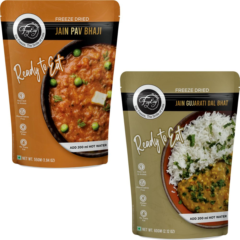 Freeze-Dried Jain Pav Bhaji & Jain Gujarati Dal Bhat Combo | Ready-to-Eat Instant Jain Meals | Preservative-Free, Gluten-Free, No Onion & Garlic | Lightweight Travel & Camping Food Pack