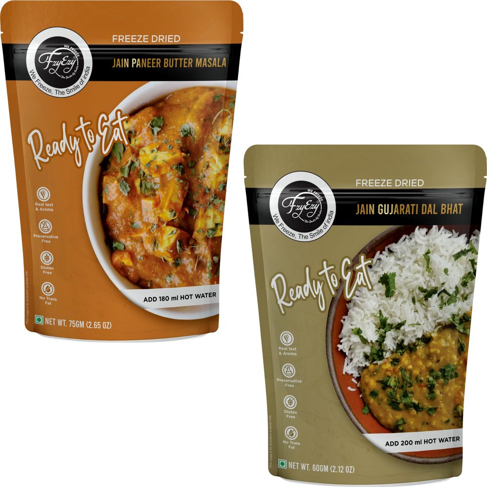 Freeze-Dried Jain Paneer Butter Masala & Jain Gujarati Dal Bhat Combo | Ready-to-Eat Instant Indian Meals | 100% Natural, Preservative-Free, Gluten-Free, Veg | Just Add Hot Water | Travel & Camping Food