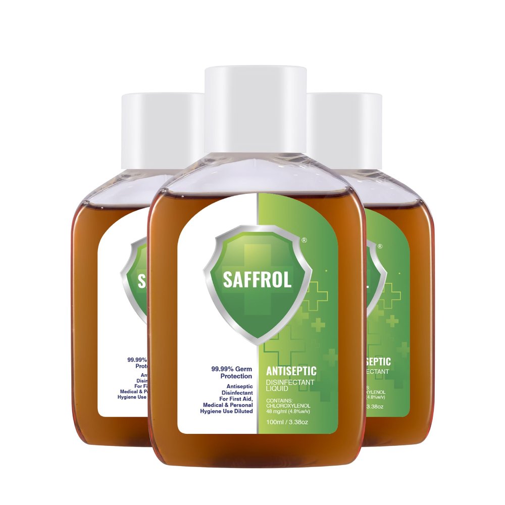 SAFFROL PLUS Antiseptic Disinfectant Liquid | First Aid Antiseptic for Wounds & Personal Hygiene | Surface & Fabric Disinfection | Multi-Purpose Antiseptic Liquid | 100 ml (Pack of 3)