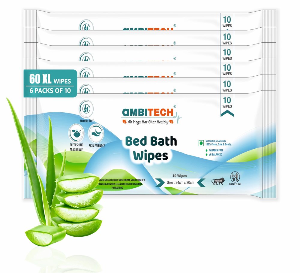 AmbiTech Soft Body Cleansing Wet Bed Bath Wipes for Adults | Body Sponging | Extra Large, 10 Wipes/Pack (Pack of 6), 60 Wipes, White,
