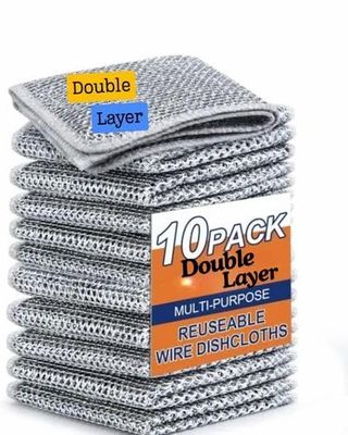 Double Layer Wire Dishcloths, Grey Stainless Steel Mesh, Multi-Purpose Kitchen Scrubbers for Dishes, Countertops, Cookware, Heavy Duty Reusable, 10 Pack