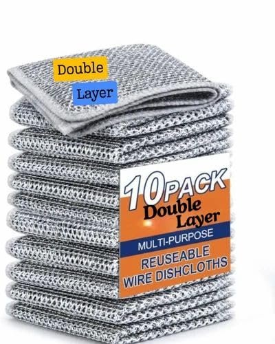 Double Layer Wire Dishcloths, Grey Stainless Steel Mesh, Multi-Purpose Kitchen Scrubbers for Dishes, Countertops, Cookware, Heavy Duty Reusable, 10 Pack