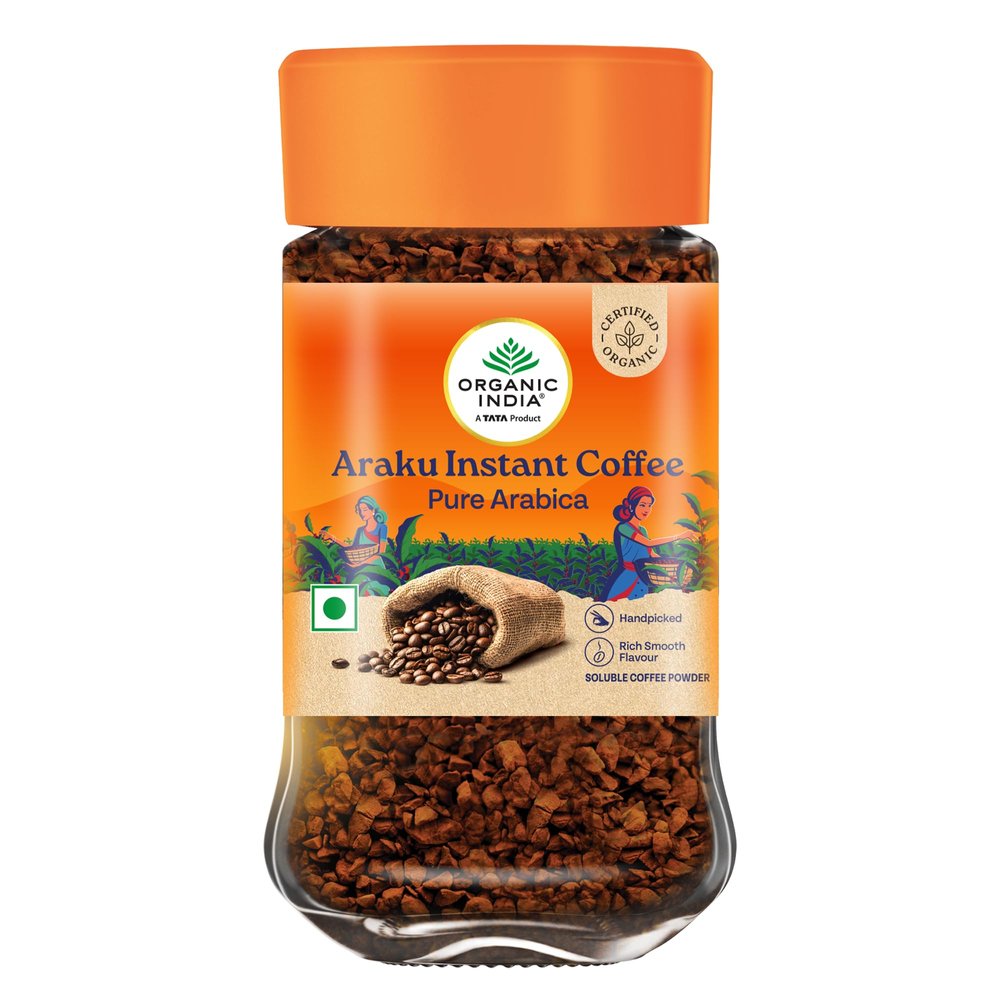 A Tata Product - Organic India Araku Instant Coffee, 50g, Certified Organic, Handpicked Pure Arabica, Rich Smooth Flavour, Medium Roast Profile, Fruity Chocolaty Notes, Soluble Coffee Powder