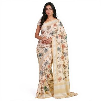 Stylish Linen Cotton Saree with Silver Jari Border & Digital Printed Pallu | Wax Finish | Handmade Jalar | 6.30m Saree with Unstitched Printed Blouse Piece | Festive, Wedding1 & Office Wear